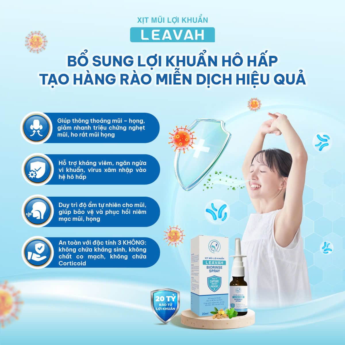 Xịt mũi họng chứa bào tử lợi khuẩnLeavah Biorinse Spray giúp cải thiện triệu chứng cảm cúm