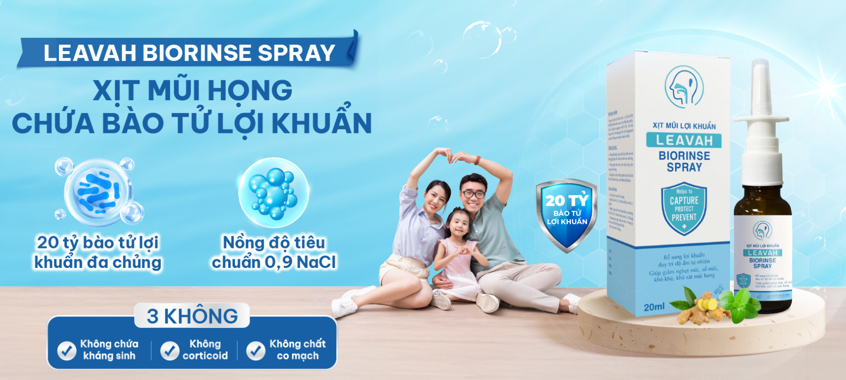 Xit mũi Leavah Biorinse Spray chứa 3 loại bào tử lợi khuẩn ưu việt