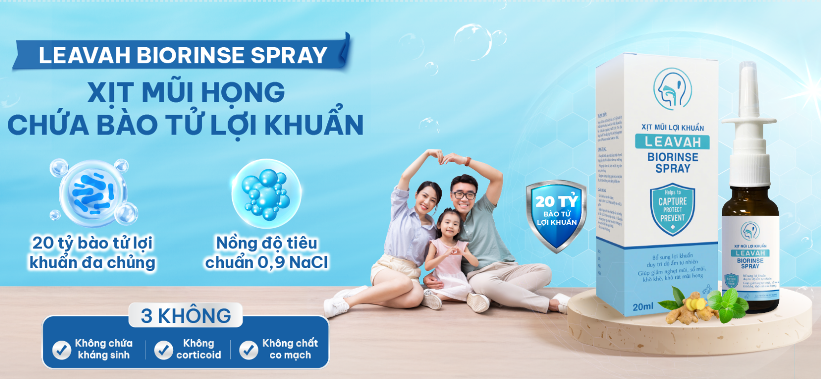 Xịt mũi họng LeaVah Biorinse Spray - Bổ sung bào tử lợi khuẩn cho hệ hô hấp