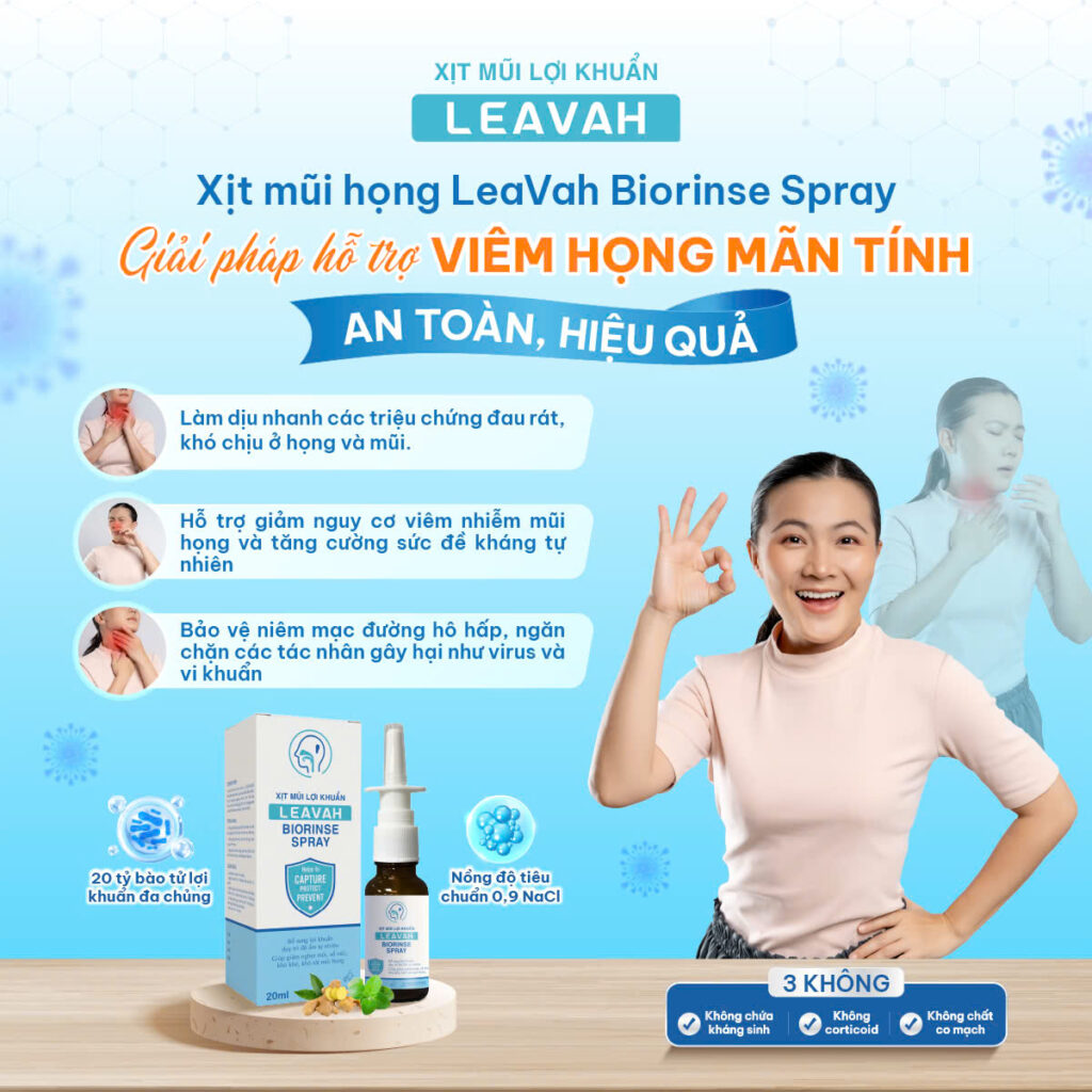 Xit mũi họng Leavah Biorinse Spray giúp hỗ trợ giảm các triệu chứng của viêm họng