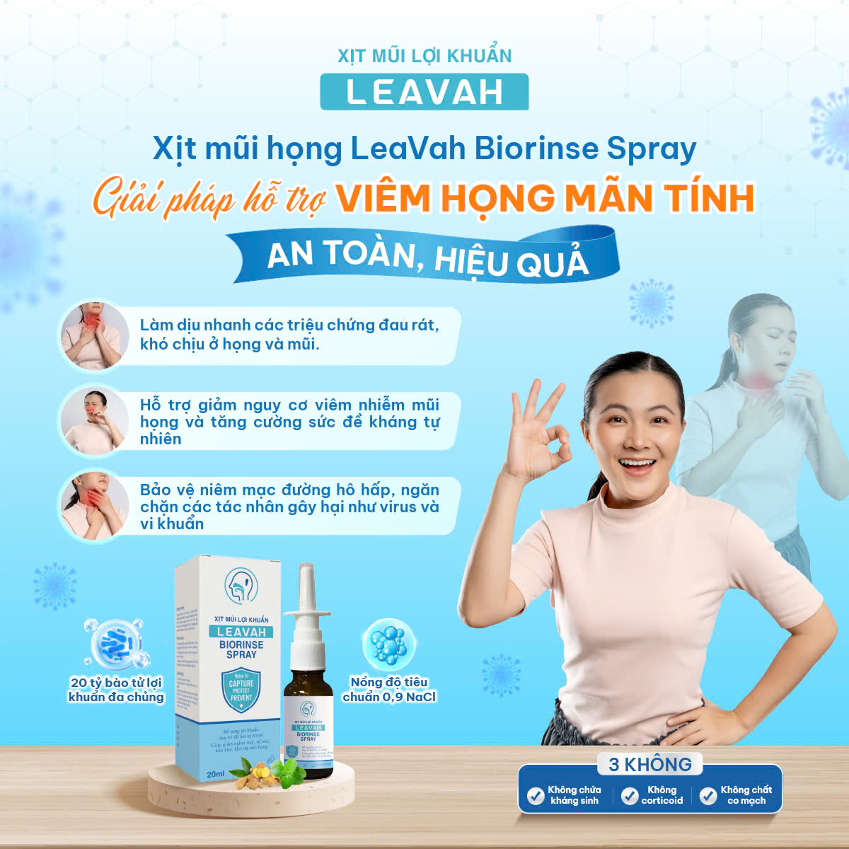 Xịt mũi họng Leavah Biorinse Spray giải pháp hỗ trợ cải thiện và phòng ngừa bệnh hô hấp