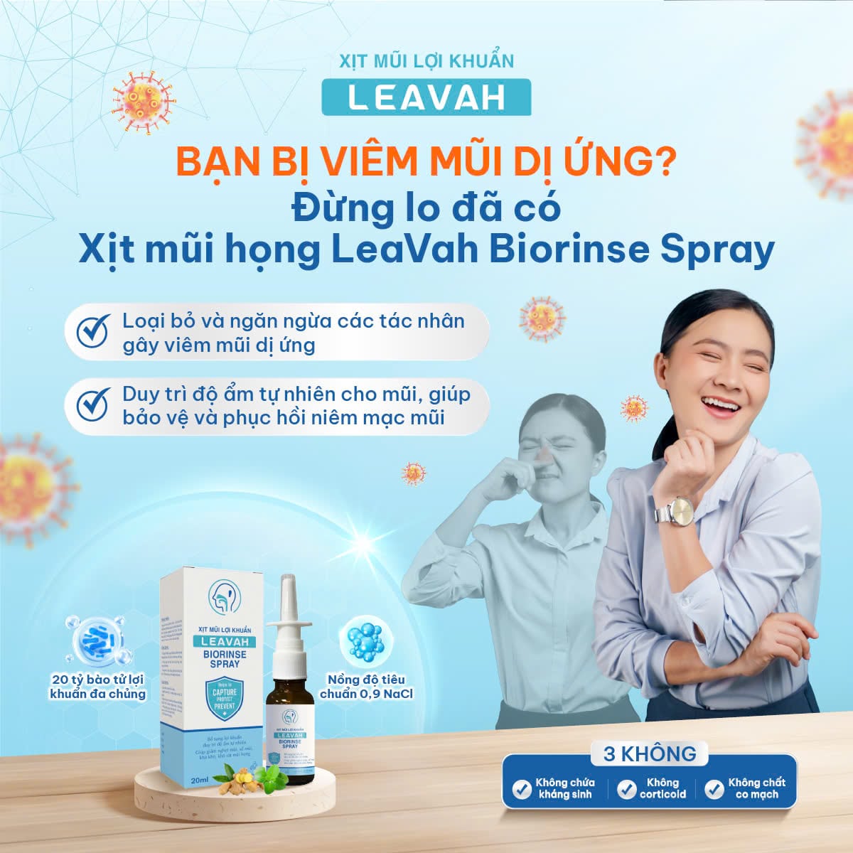 Cải thiện và phòng ngừa các bệnh đường hô hấp hiệu quả với xịt mũi họng Leavah Biorinse Spray