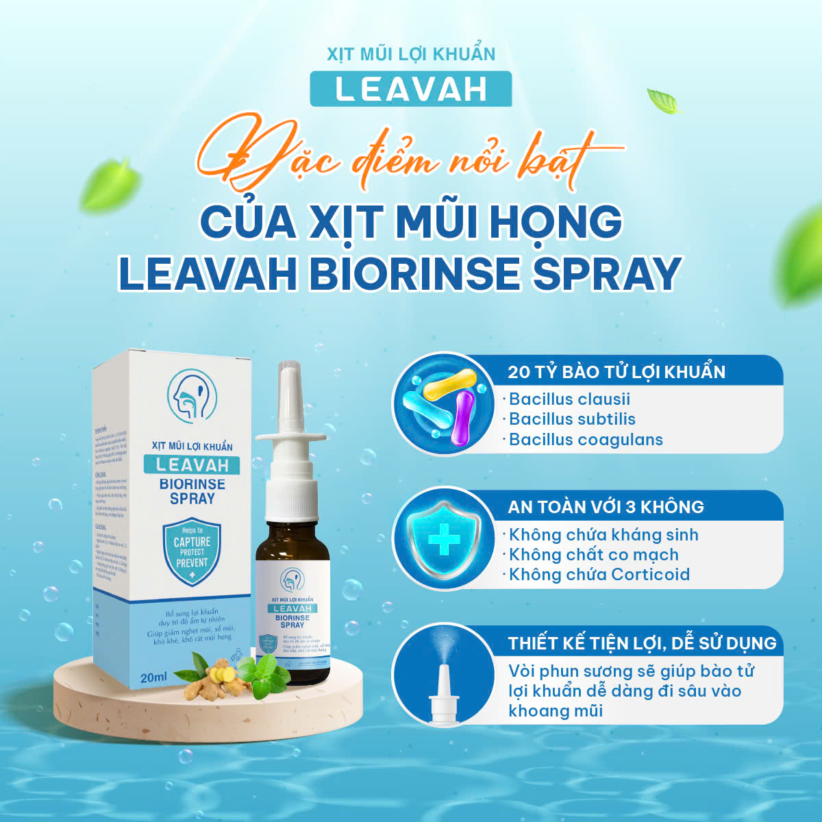 Xịt mũi họng Leavah Biorinse Spray giúp bổ sung lợi khuẩn, tăng cường sức khoẻ hệ hô hấp